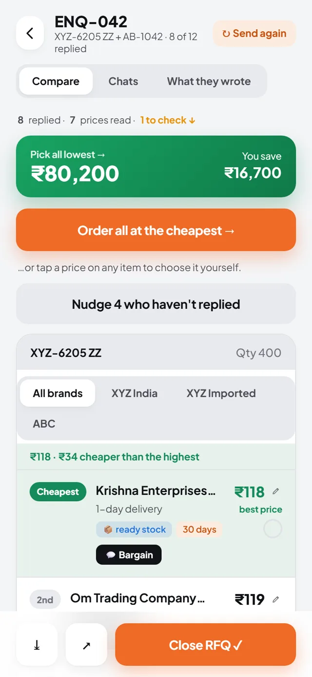 The same replies inside MasaPe: read, ranked Cheapest first, with the You save banner and one-tap Order all at the cheapest