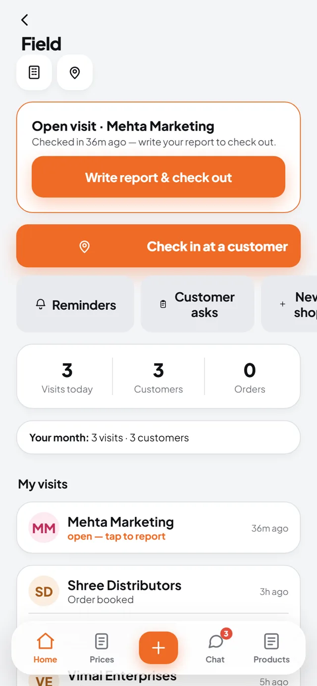 The MasaPe field screen: an open visit, check in at a customer, and the day of visits