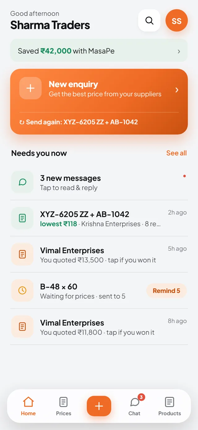 The MasaPe home screen: saved with MasaPe, one New enquiry card, and the Needs you now feed