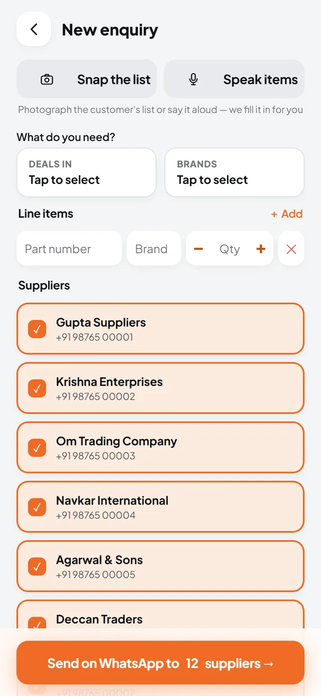 The MasaPe new enquiry screen: snap the list or speak it, pick suppliers, send on WhatsApp to 12 suppliers