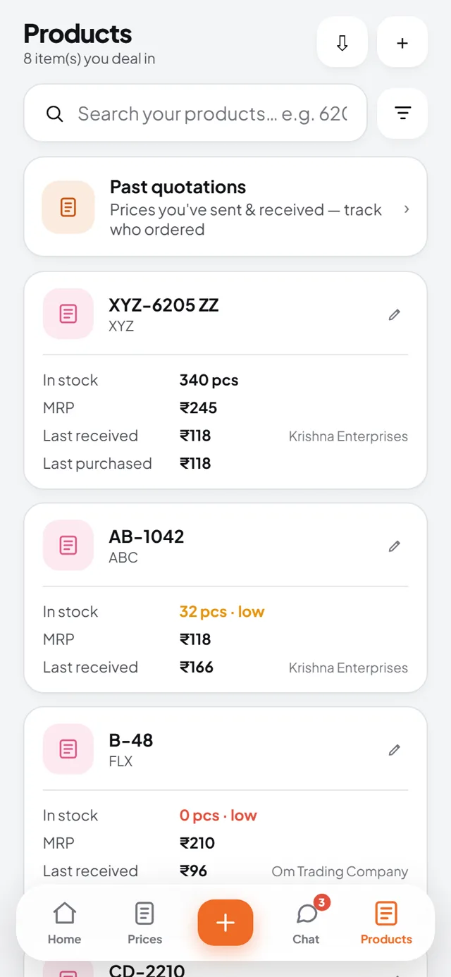 The MasaPe products tab: your items with stock, MRP and last received rate