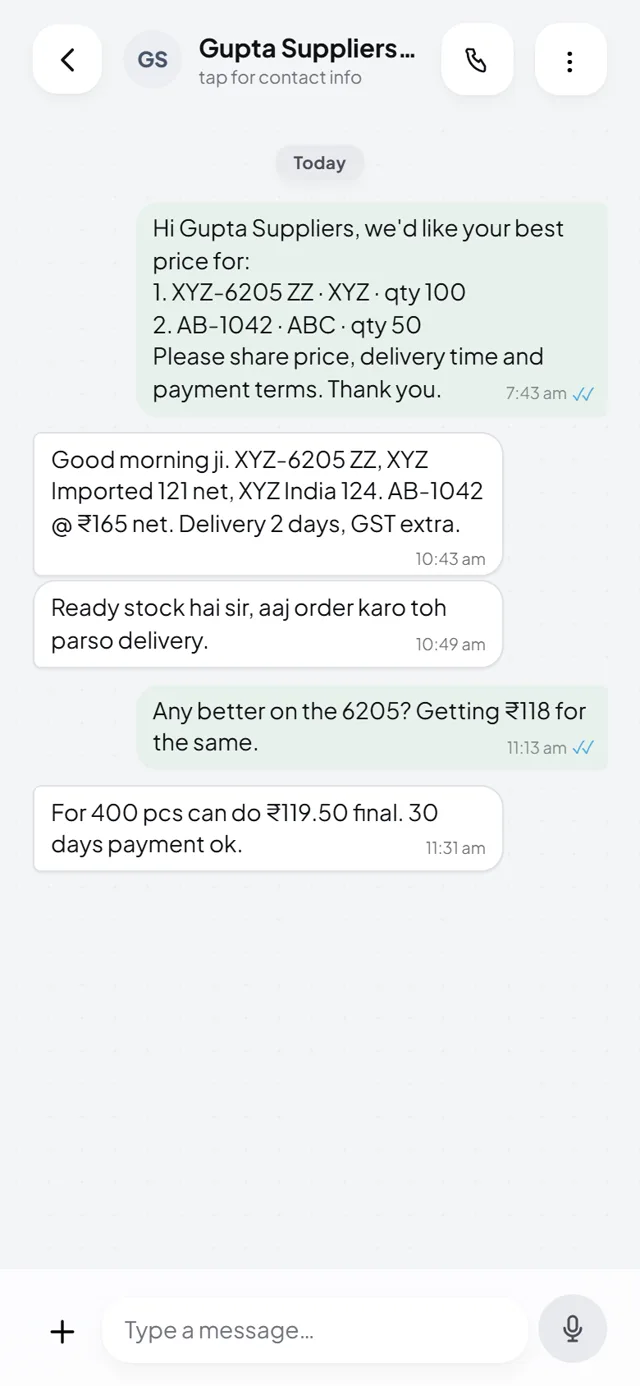 A real supplier chat inside MasaPe: the enquiry, the reply with rates, and the bargain, all in one thread